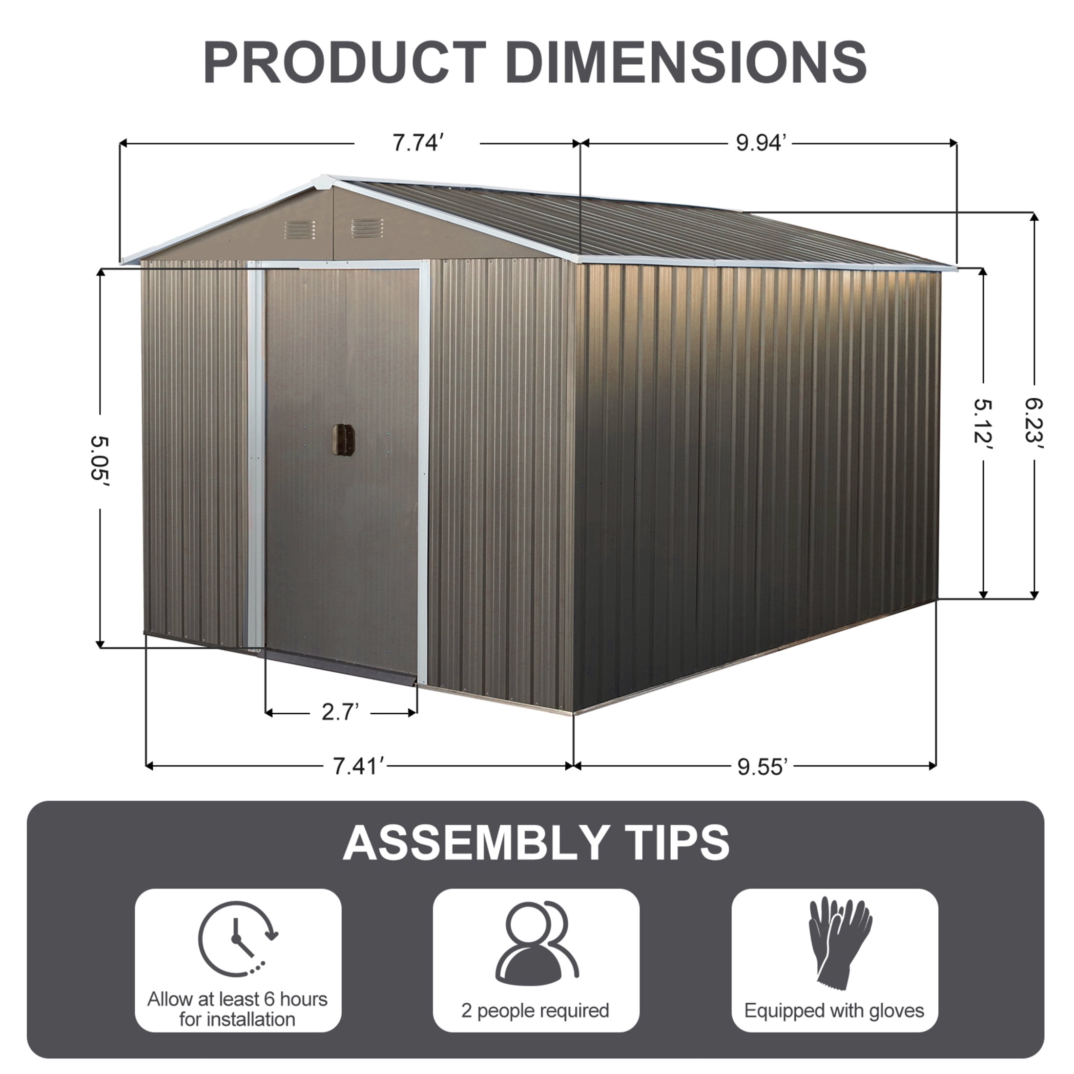 Noble House 8x10FT Outdoor Metal Storage Shed with Metal Foundation, Weather-Resistant Galvanized Steel Tool Shed, Gray