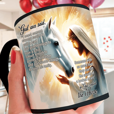 

Lotusprinthandmade Christian God Jesus And The Horse Black Ceramic Mug (15oz) (Made In US) Faith-based Coffee Mug Religious-themed Drinkware