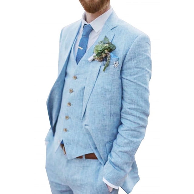 Wehilion Traje de lino retro para hombre Esmoquin de regreso a casa azul claro Verano Slim Fit Chaqueta de 3 piezas Blazer Playa Boda Traje de hombre bb-l