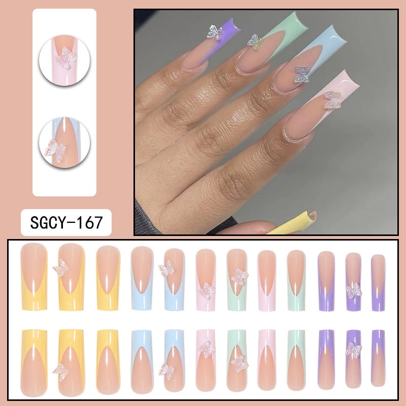 24 Long Coffins with French Patterns, Flowers, Butterfly Dots, Diamond Shiny Fake Nails, press on nails