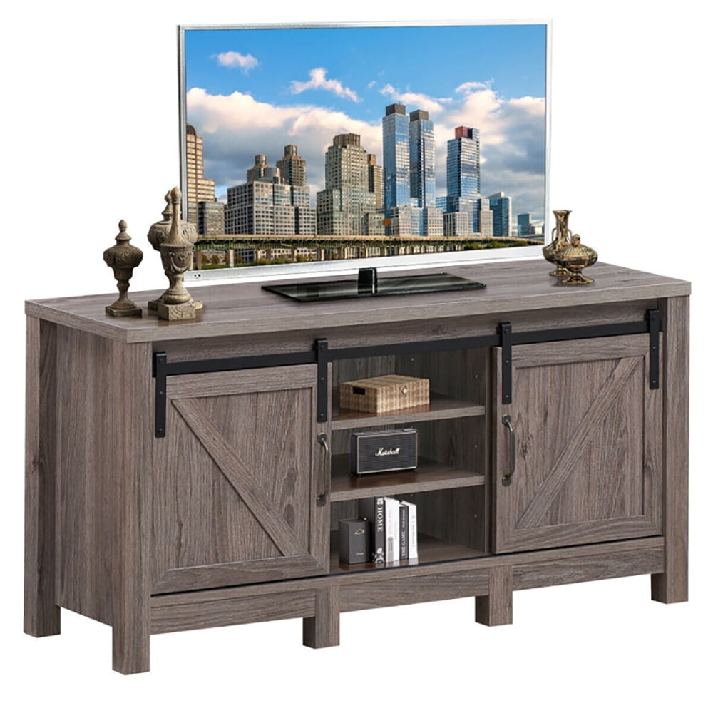 Finihen TV Stand, TV Cabinet, 55 Inch TV Sliding Barn Door Entertainment Center with Adjustable Shelves, Media Entertainment Center with Storage, for Living Room, Bedroom, Brown