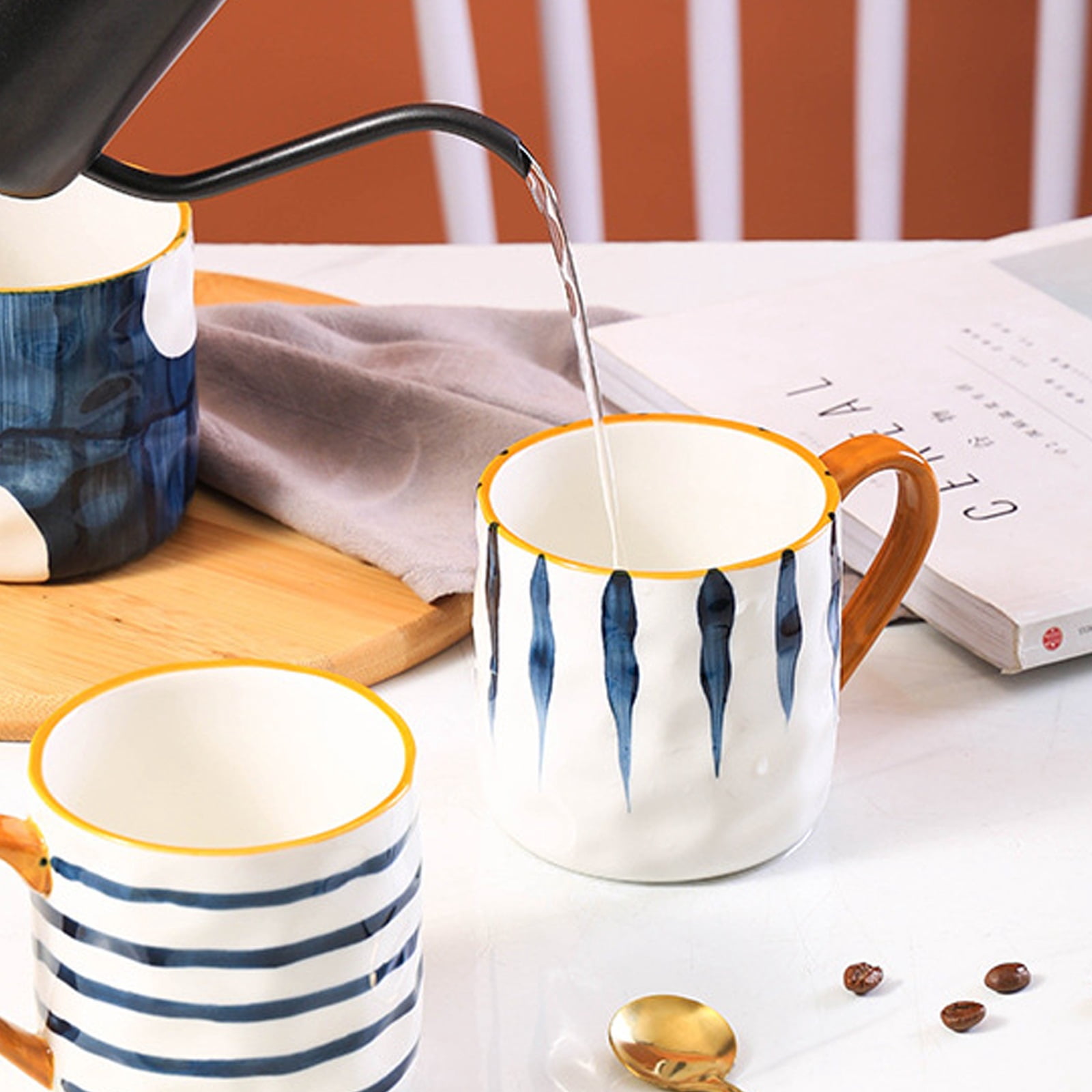 400ml Porcelain cup with handle, ceramic coffee cup, blue stripes coffee cup, ceramic cup with gold rim, espresso cups, for coffee, tea, milk, cappuccino
