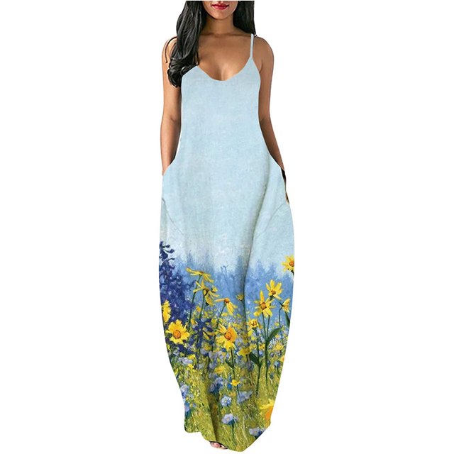 LSLJS Robe Longue Maxi Sans Manches à Poches Imprimée Décontractée pour Femmes Grande Taille