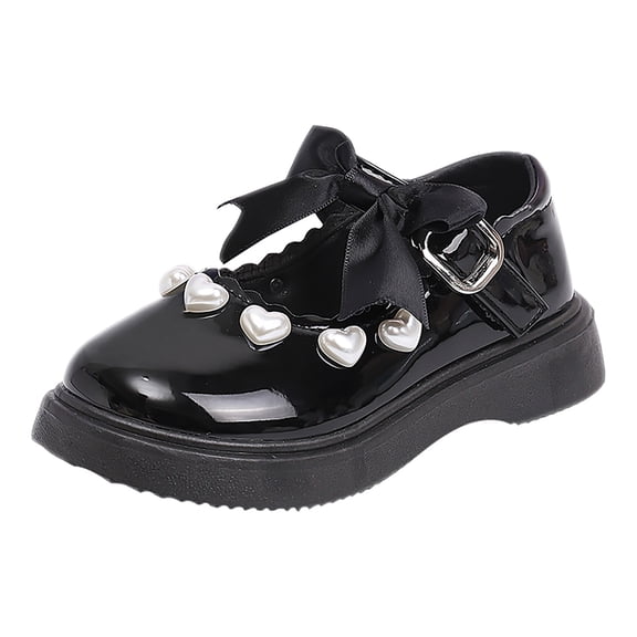 GiLiling Girls Mary Jane Dress Shoes, Heart Pearl Bow Platform Flats, Adjustable Strap Non Slip Toddler formal Shoes for Kids (Black, 10-10.5 Years)