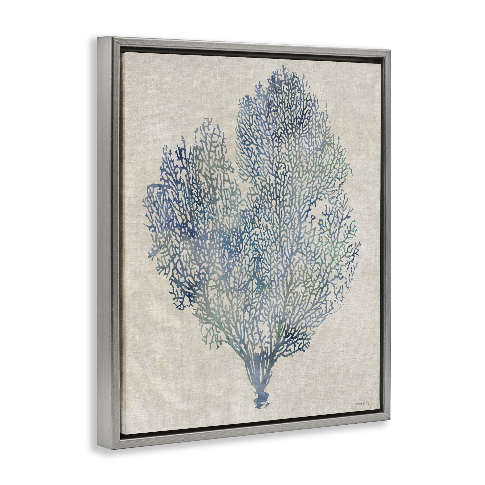 Stupell Industries Fan Coral in Blue & Green Gray Framed Floater Canvas Wall Art, design by Amber Sterling