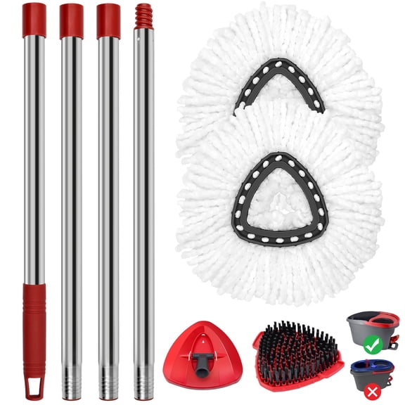 5-Piece Mop Handle and Mop Heads Replacements for O-Cedar EasyWring 1-Tank, 58" Stainless Steel Pole, 2 Microfiber Refills, 1 Scrub Brush, 1 Base, Spin Mop Parts, Hardwood Floor Cleaning Supplies