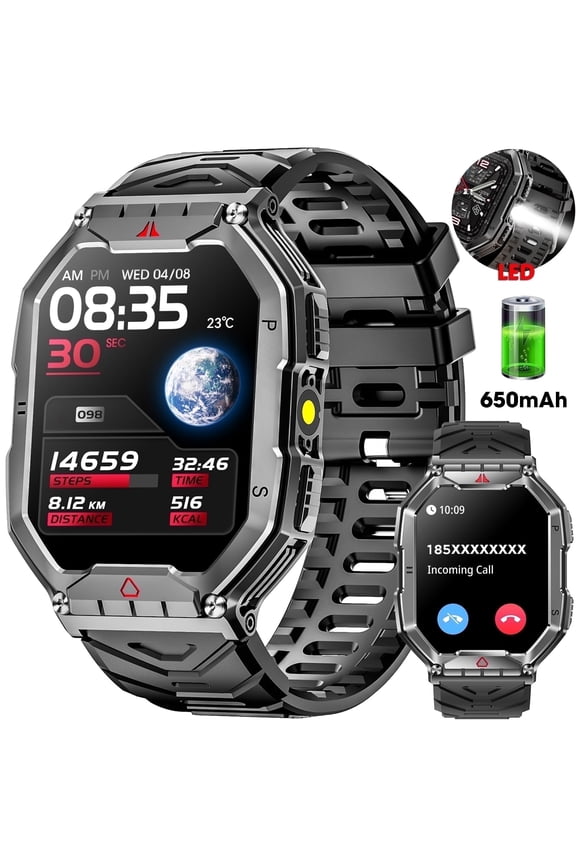 2.1"  AMOLED Men Military Smart watchwith Fitness Tracker/ Answer Make Calls /100+ Sport Modes/1ATM Waterproof, Mountain Travel Pedometer Watch fits for Android and Iphone Devices (Black)