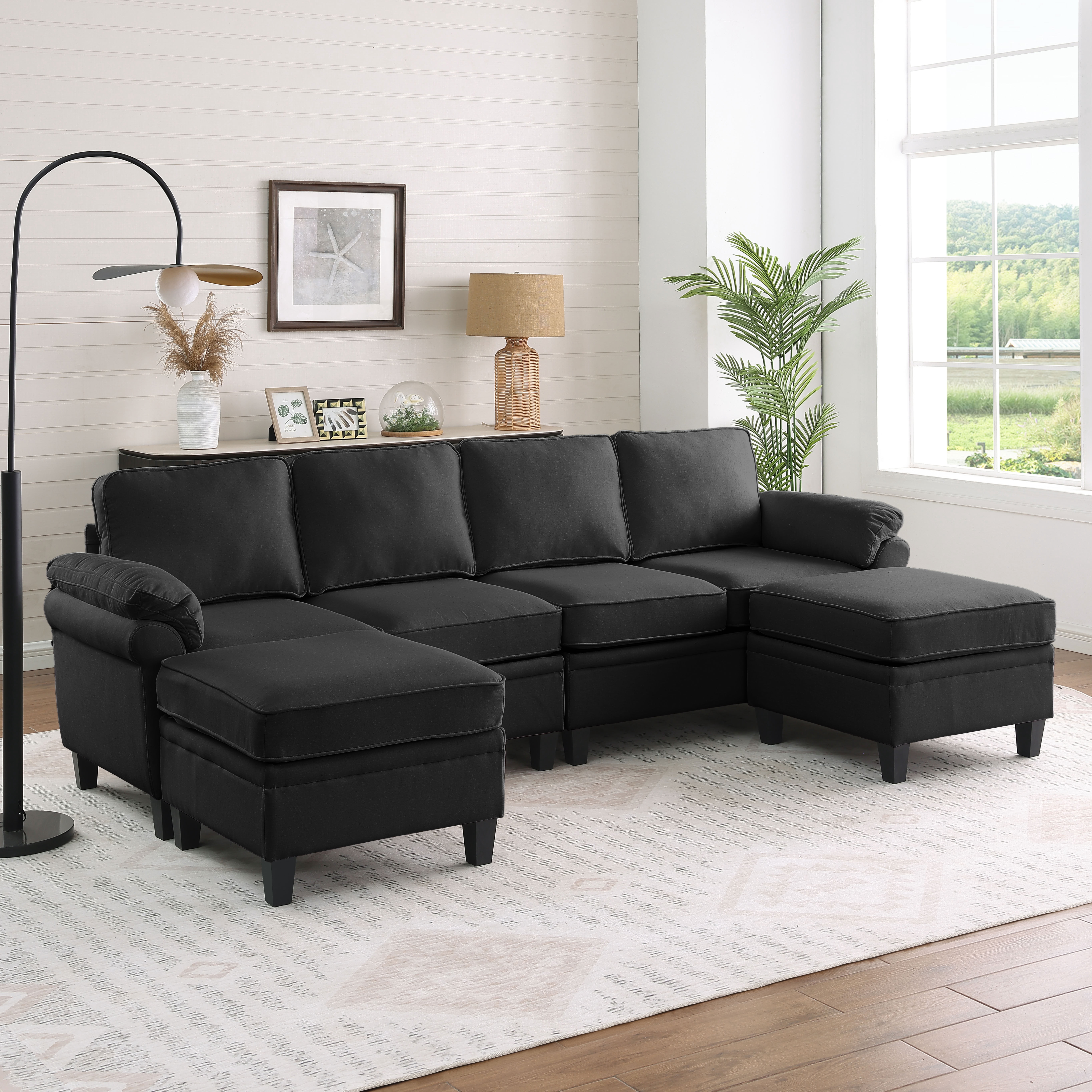 MAYEERTY 102 Inch Linen Modular Sectional Sofa, DIY Convertible Combination Sofa Couch with Storage Ottomans, for Living Room, Apartment