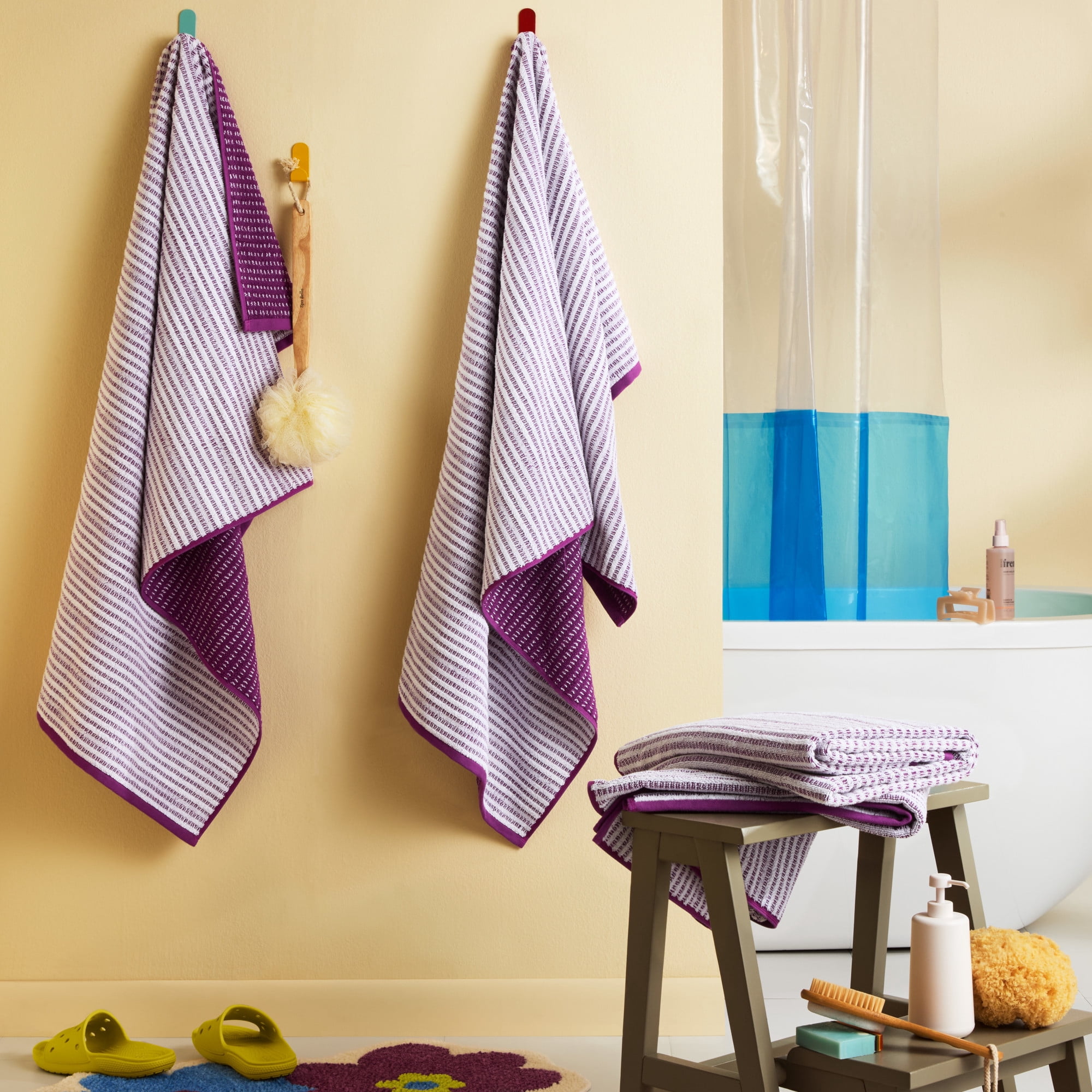 TOWN & COUNTRY PLAY 4-Piece Striped Reversible Terry Brights Bath Towel Set, 30"x58", 100% BCI Cotton, Plush & Absorbent 550GSM, Grape Purple