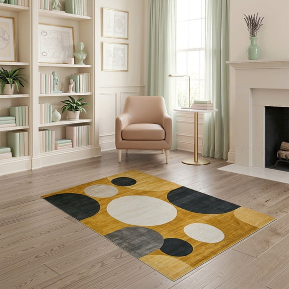 ODIKA 4'x6' Mustard Gold Abstract Geometric Boho Washable Area Rug Minimalist Retro Shapes Balanced Layout Atomic Accents Non-Slip, Chair-Friendly, Flatwoven for Home Office, Under Desk