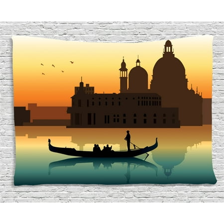 Romantic Tapestry, People in Gondolas Venice City of Historical Importance Abstract Illustration, Wall Hanging for Bedroom Living Room Dorm Decor, 60W X 40L Inches, Multicolor, by