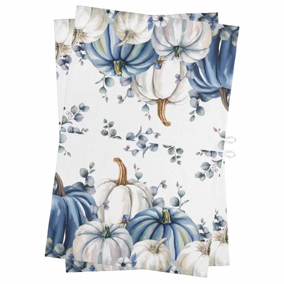 Blue White Pumpkins Kitchen Towels Set of 2, Water Absorbent Dish Towel, Thanksgiving Fall Blue Eucalyptus Leaves Decorative Hand Towels - Quick Drying Cloth for Cooking Baking, 18x28 Inch