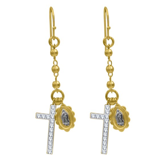 Brilliance Fine Jewelry 14K Gold Plated Dangling Guadalupe and Crystal Cross Women's Earrings