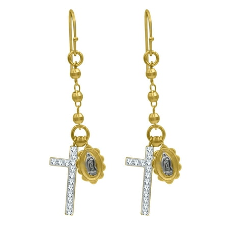 Brilliance Fine Jewelry 14K Gold Plated Dangling Guadalupe and Crystal Cross Women's Earrings