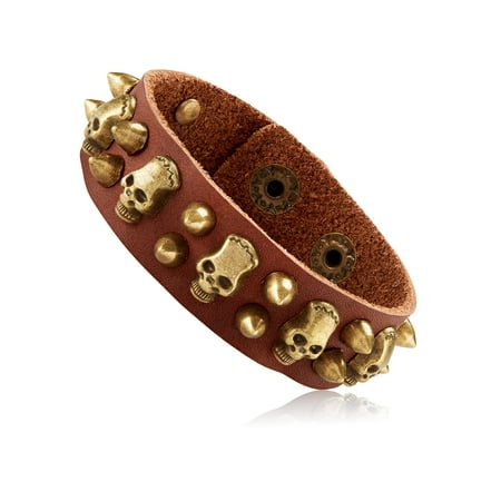 West Coast Jewelry Men S Brown Leather Skull And Bullet Studs Cuff Men S Brown Leather Skull And Bullet Studs Cuff Bracelet 21mm