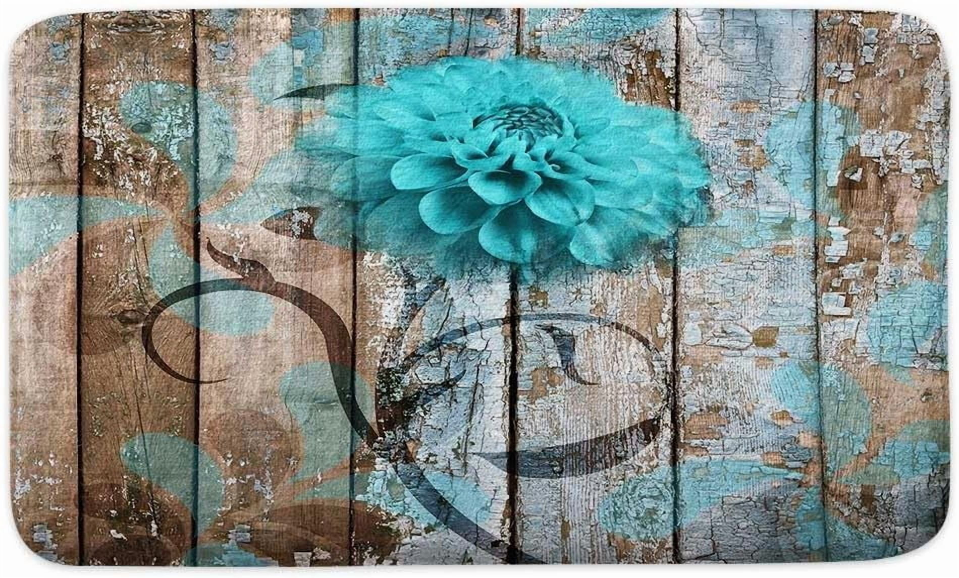 Farmhouse Floral Flower Bath Mat, Teal Dahlia Rustic Wooden Plank Country Barn Wood Turquoise Blue Non-Slip Flannel Soft Doormat Floor Entryways Outdoor Indoor Front Door Mat, (16X24)