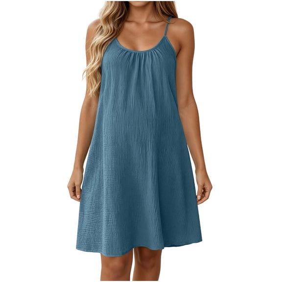 Ecqkame Summer Slip Dresses for Women Casual Spaghetti Strap Cotton Linen Sleeveless Mini Sundress Lightweight Flowy Beach Vacation Dress Navy M