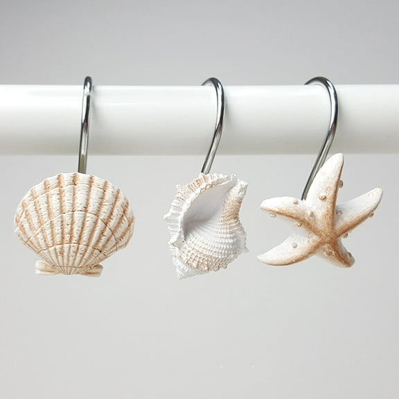 HINTRMENT 12Pcs Conch Shell Shower Curtain Hooks Resin Metal Nautical Bathroom Decor