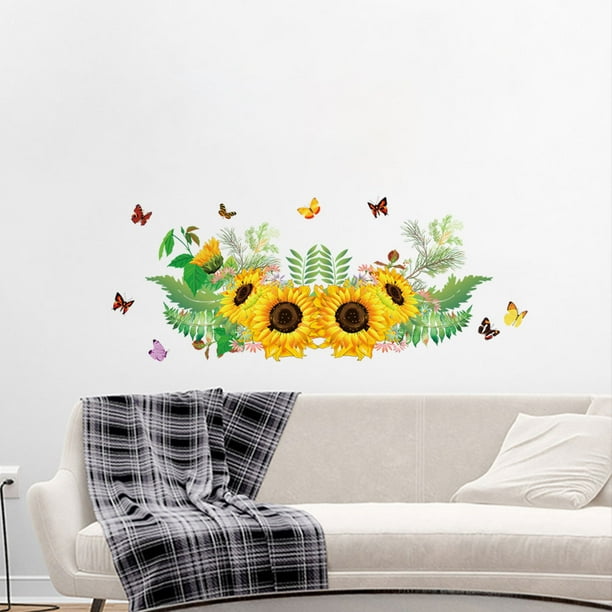 Calcomanía de pared de girasol - Pegatinas de girasoles impermeables Palo de pared de flores amarillas para sala de estar Dormitorio Cocina Decoración de fondo