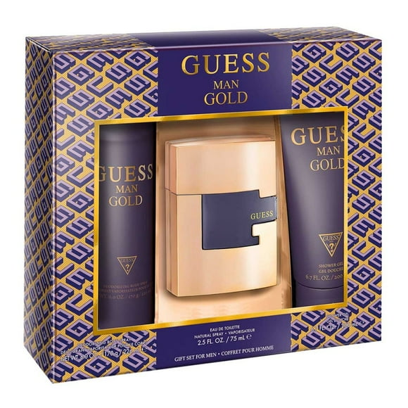 Guess Gold 3 pzs Hombre Guess Guess Aerosol EDT de 2.5oz, Aerosol corporal desodorante de 6.0oz, Gel de ducha de 6.7oz 3 Pc Gift Set