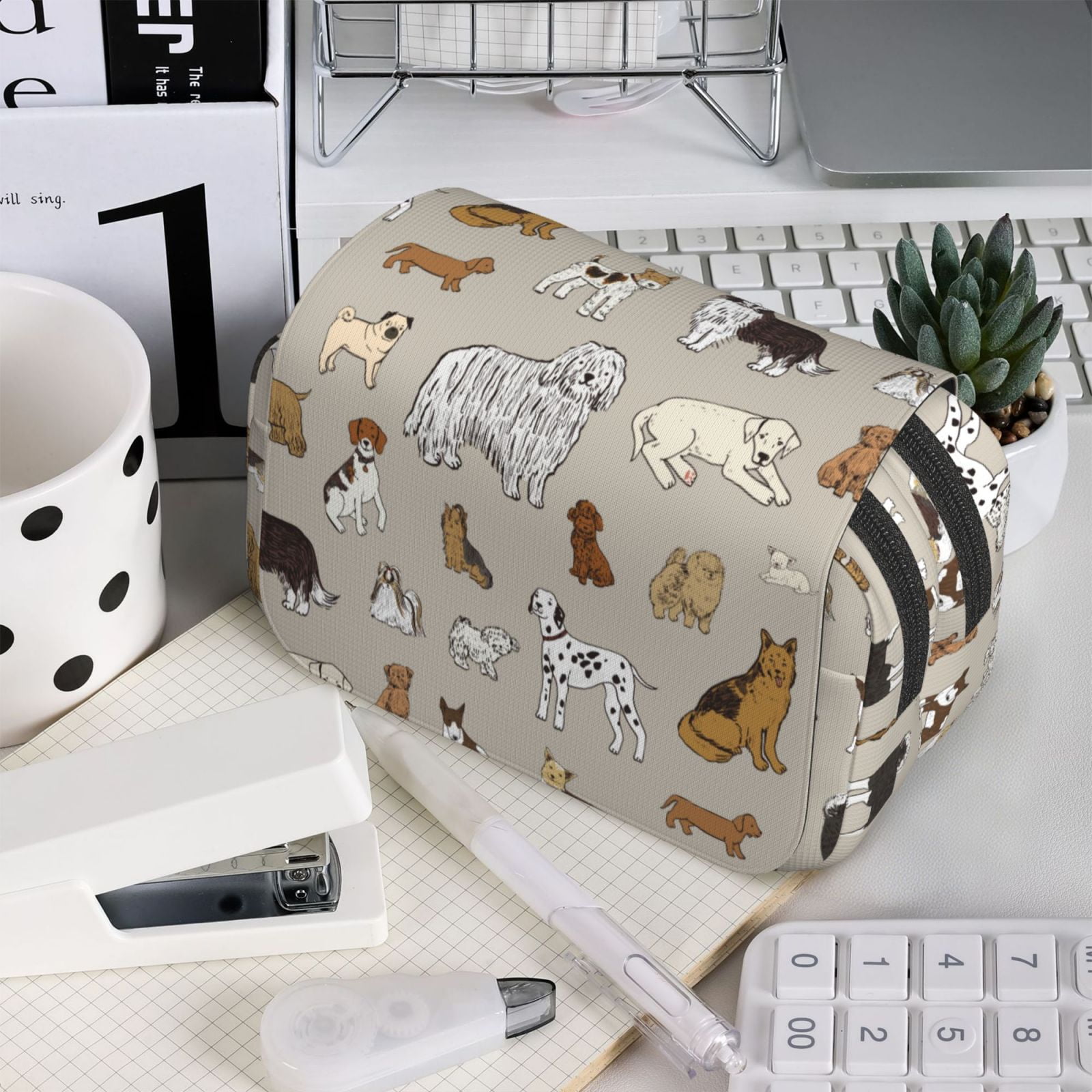 Rateoe Dog Animal Pattern Double Clamshell Pen Case, Storage Organizer with Two Zipper Compartments– Holds Up to 50 Pencils & Pens