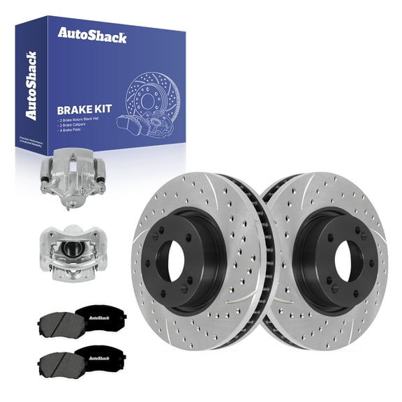 AutoShack Front Vented Drilled & Slotted E-Coated Brake Rotors   Premium Ceramic Pads   Calipers 8-PC Brake Kit Replacement for 2011-2016 Kia Sportage ShadowGuard 11.81" (300 mm)