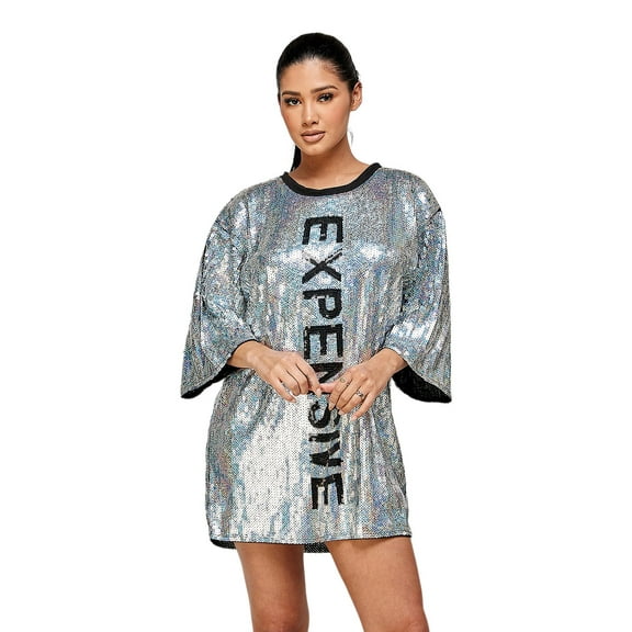 2Chique Boutique Women's Silver Sequins Mini Dress with Expensive Wording