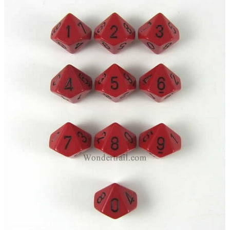 Red Opaque Dice with Black Numbers D10 16mm (5/8in) Pack of 10 Dice Chessex
