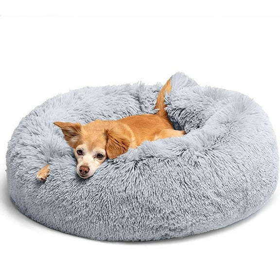 Donut Dog Bed - Anti-Anxiety, Self Warming, Cozy Soft Plush, Machine Washable Round Pet Bed, Ideal for Home & Travel, 20"x 8"，Light Grey
