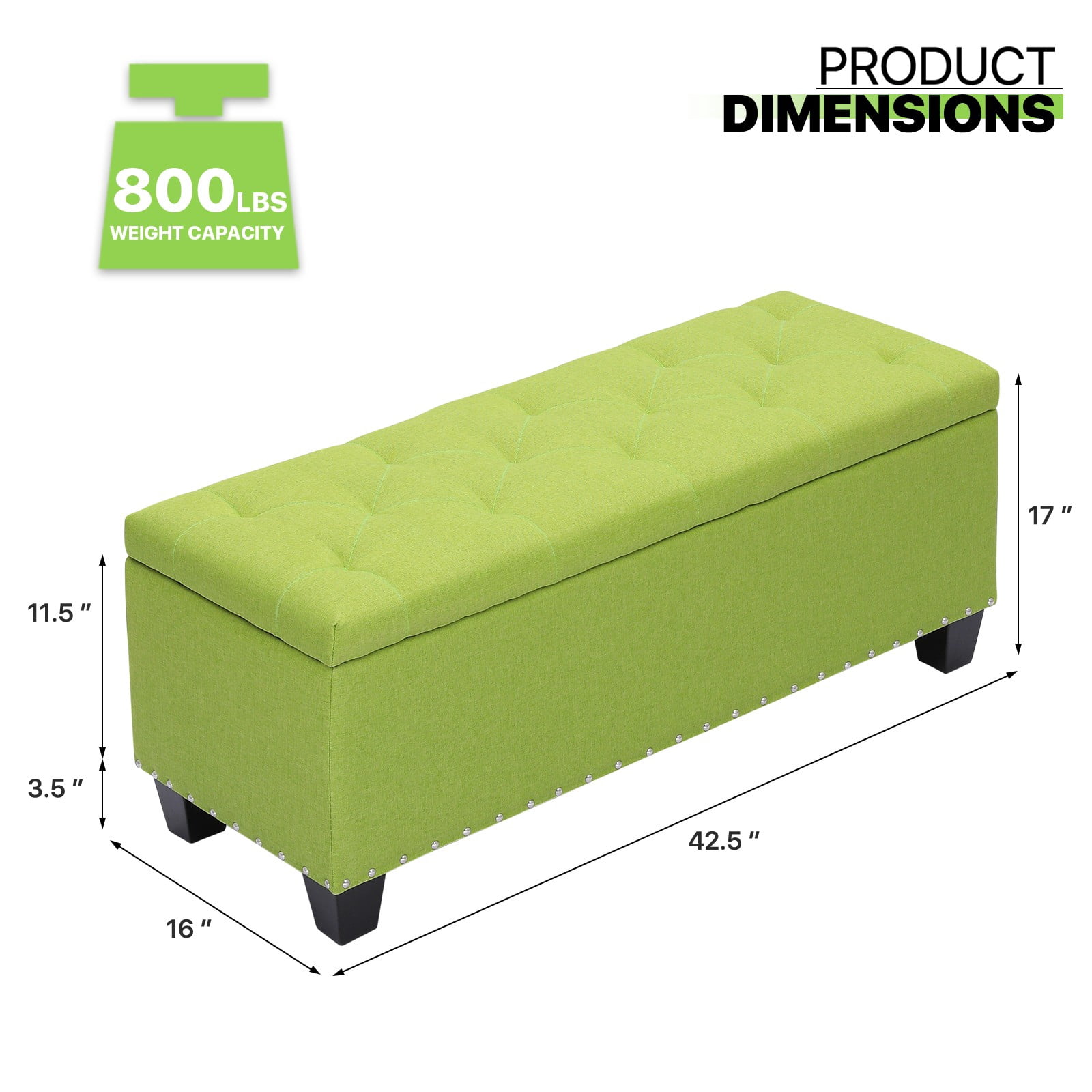 OSM 42 Inch Long Storage Ottoman Bench, Linen Foot Stool Upholstered Foam Padded Rectangular Fabric Tufted Bench Footrest for Living Room Bedroom Entryway with 660 Lbs Capacity, Green