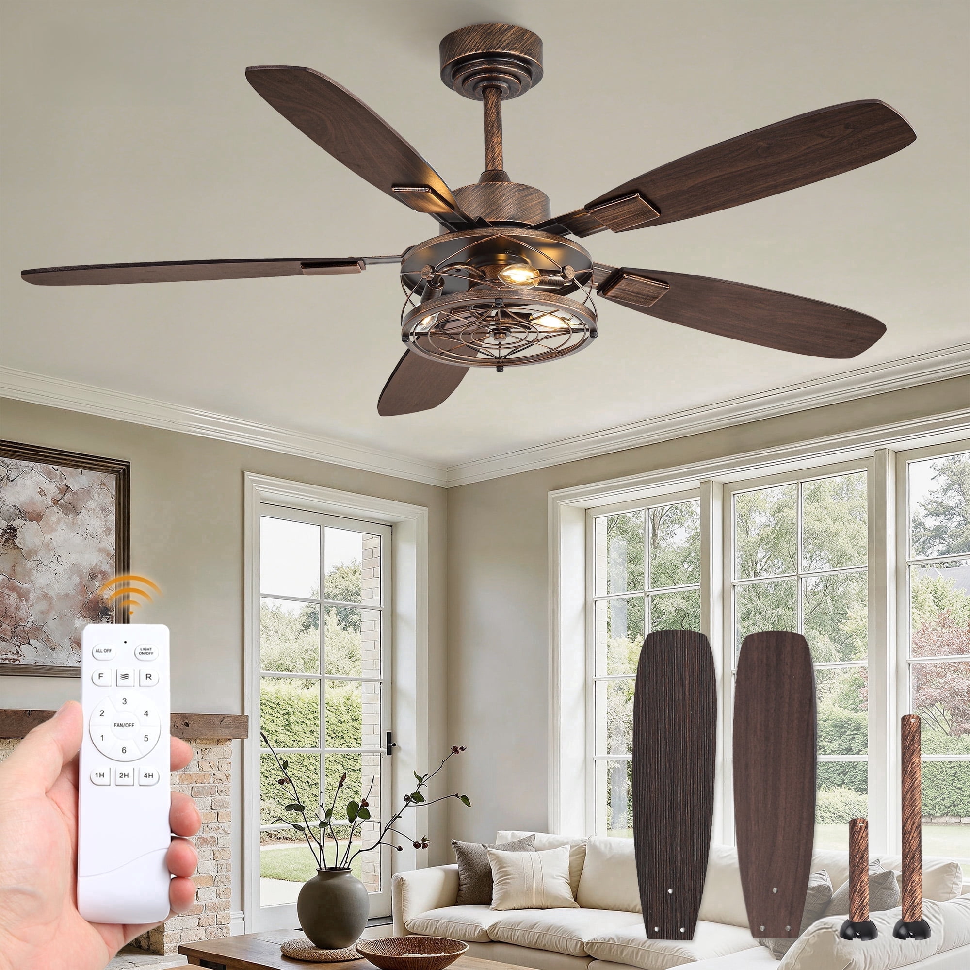 Lokivas 52" Farmhouse Ceiling Fan with Light and Remote, Industrial Caged Flush Mount, 6-Speed Reversible DC Motor, 5 Dual-Finish Blades for Living Room, Bedroom, Black and Gold