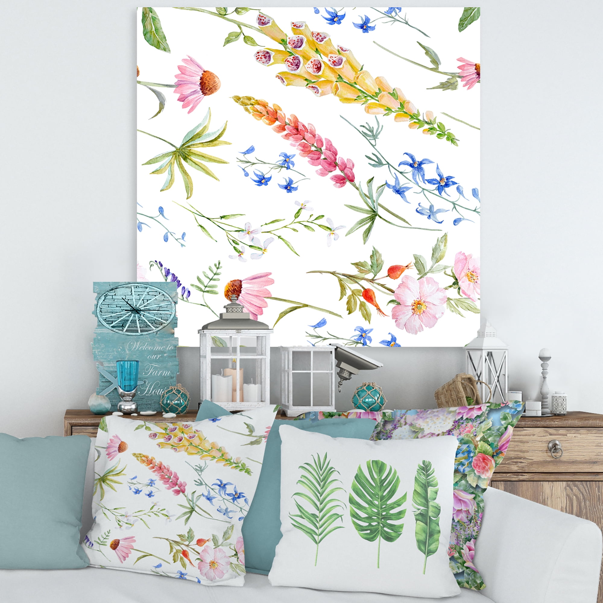 Designart ' Vibrant Summer Wildflowers On White I ' Traditional Canvas Wall Art Print