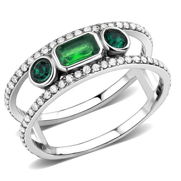 Alamode DA348-6 Women High Polished Stainless Steel Ring with Synthetic in Emerald - Size 6
