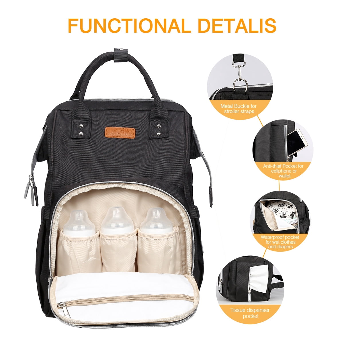 Wipalo Waterproof Large Capacity Backpack Diaper Bag, Black