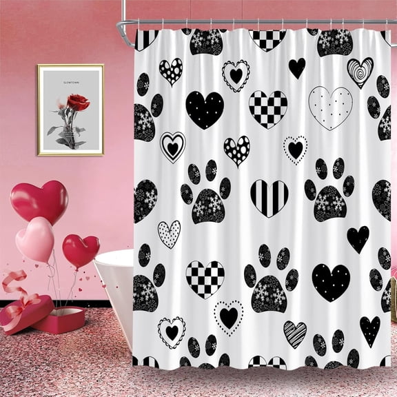 Valentine''s Day Shower Curtain Black White Sweet Heart Cute Paw Print Modern Romantic Love Lover Couple Wedding Creative Fabric Bathroom Decor Curtain with Hooks,70Wx70H Inches