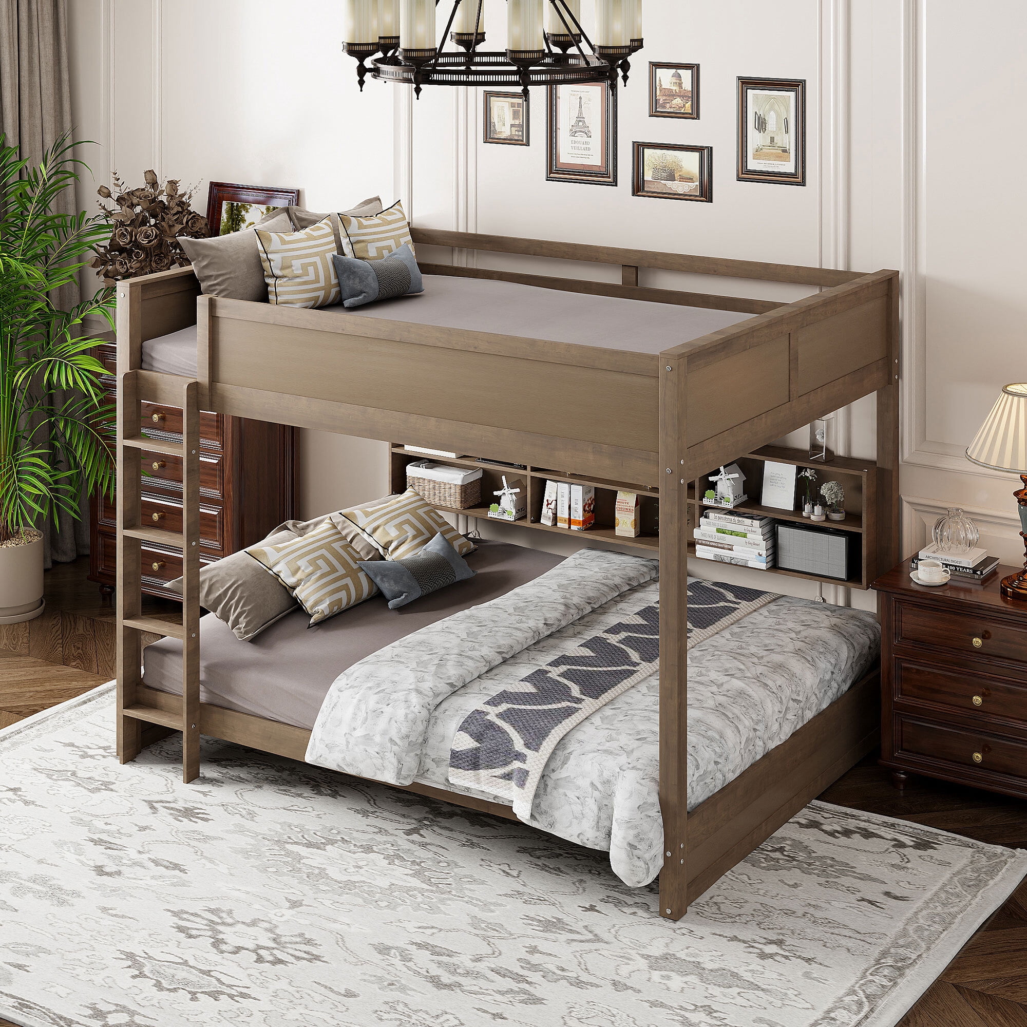 Euroco Wood Queen over Queen Bunk Bed with Bookcase, Shelves and USB Charging Station, Antique Wood