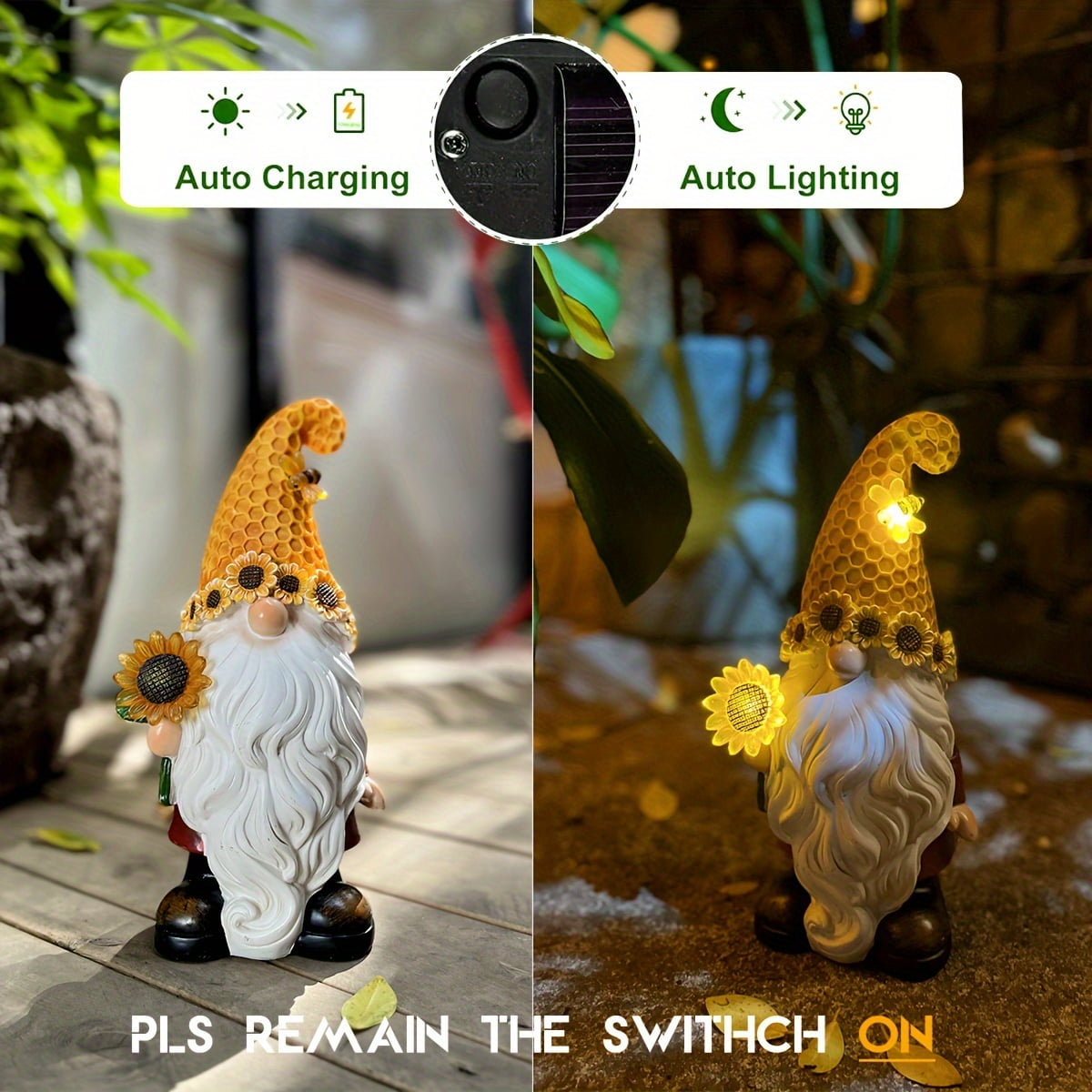 Solar Garden Decor Resin Gnome Statue Sunflower Gnome Sculptures for Harvest Festival Christmas New Year Housewarming Gifts Outdoor Outside Decorations for Yard Patio Garden Lawn