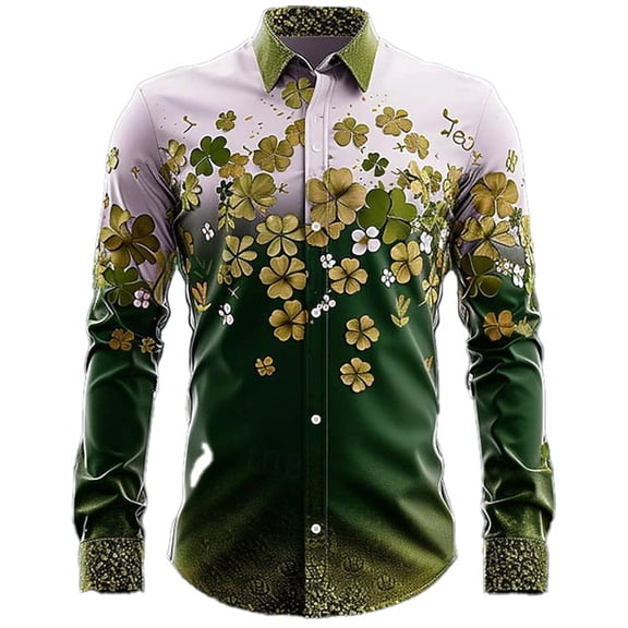 CONZONE St. Patrick's Day Mens Buttons Down Shirts Long Sleeve Shirts for Men Trendy Green Clover Graphic Lapel Soft Lightweight Tops