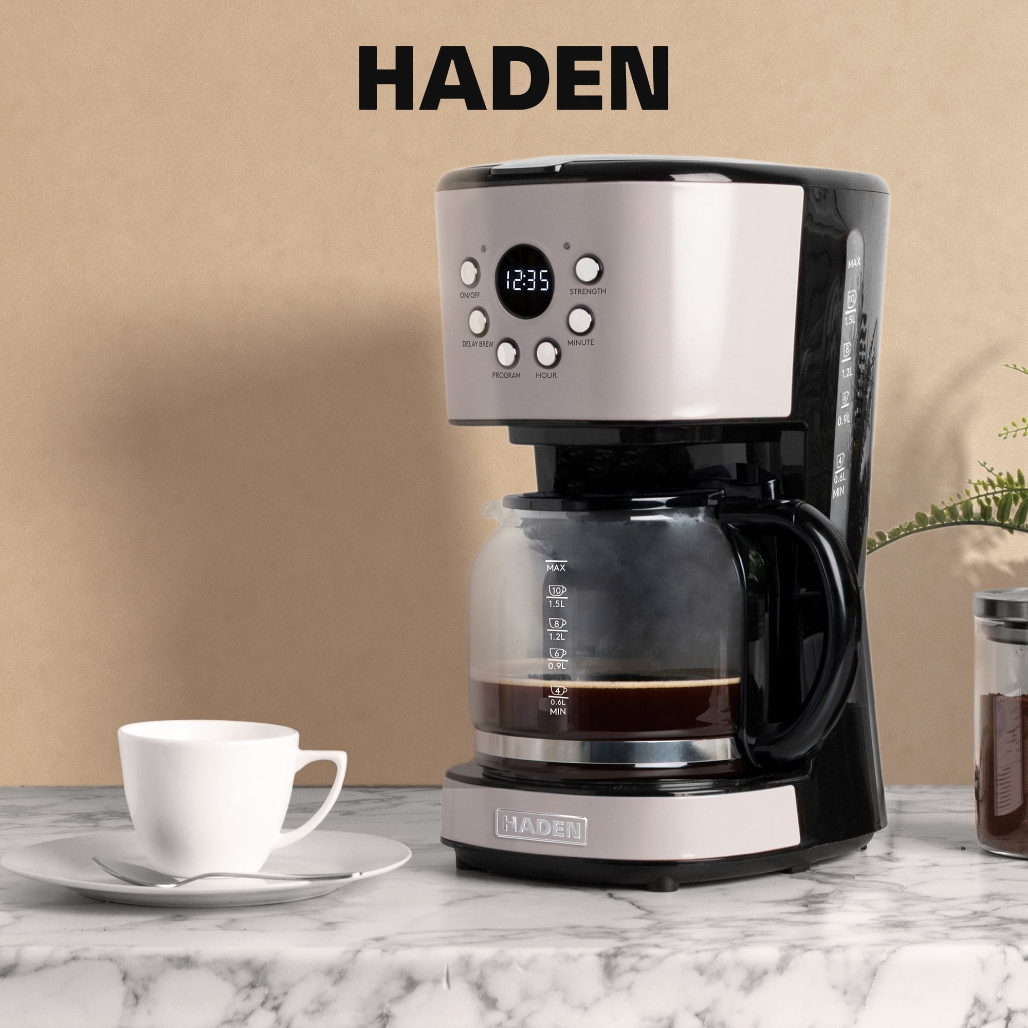 Haden Dorset 12 Cup Coffee Maker & 4 Slice Wide Toaster, Putty & Chrome