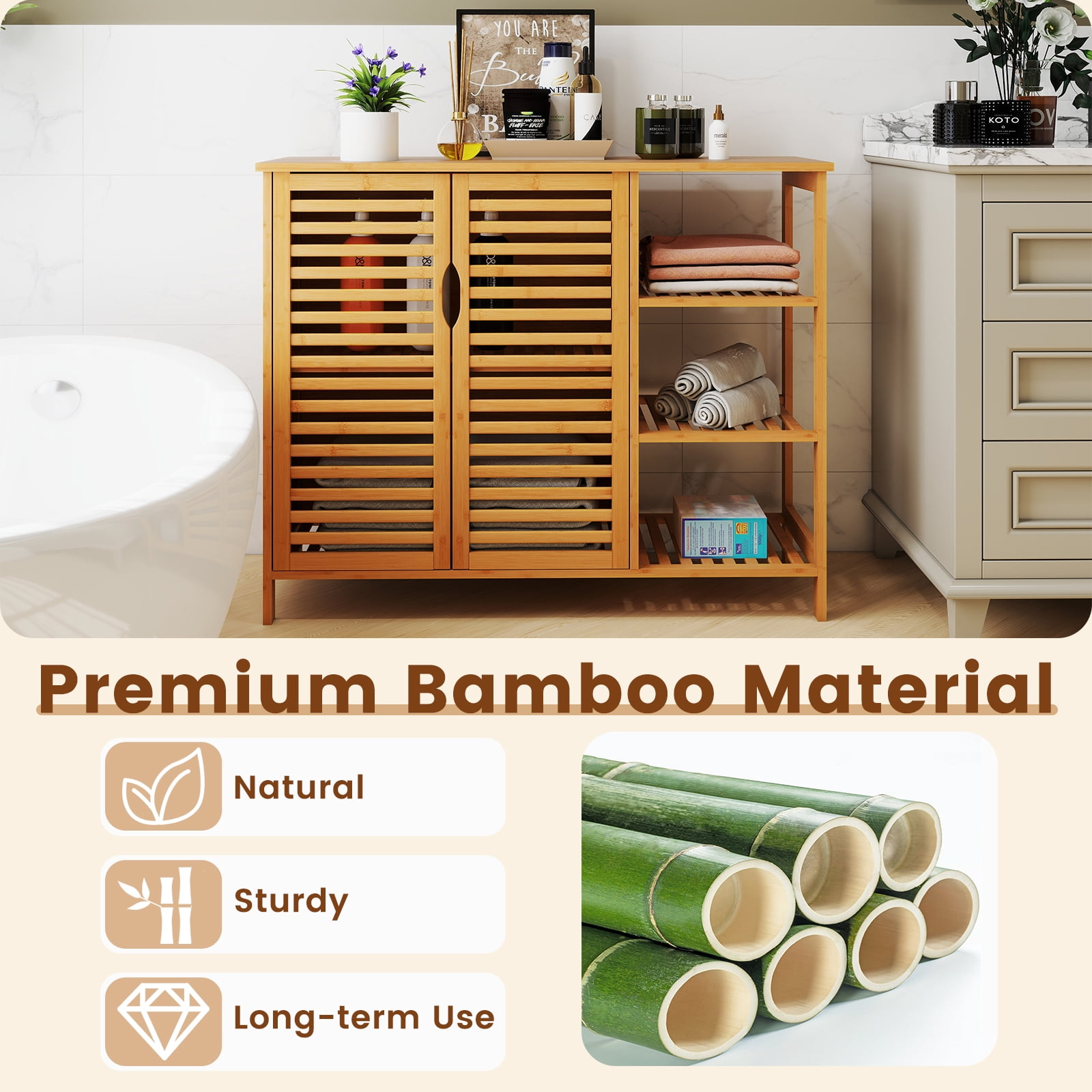 Gymax Bamboo Bathroom Cabinet 2-Door Storage Organizer w/ Shelves Natural