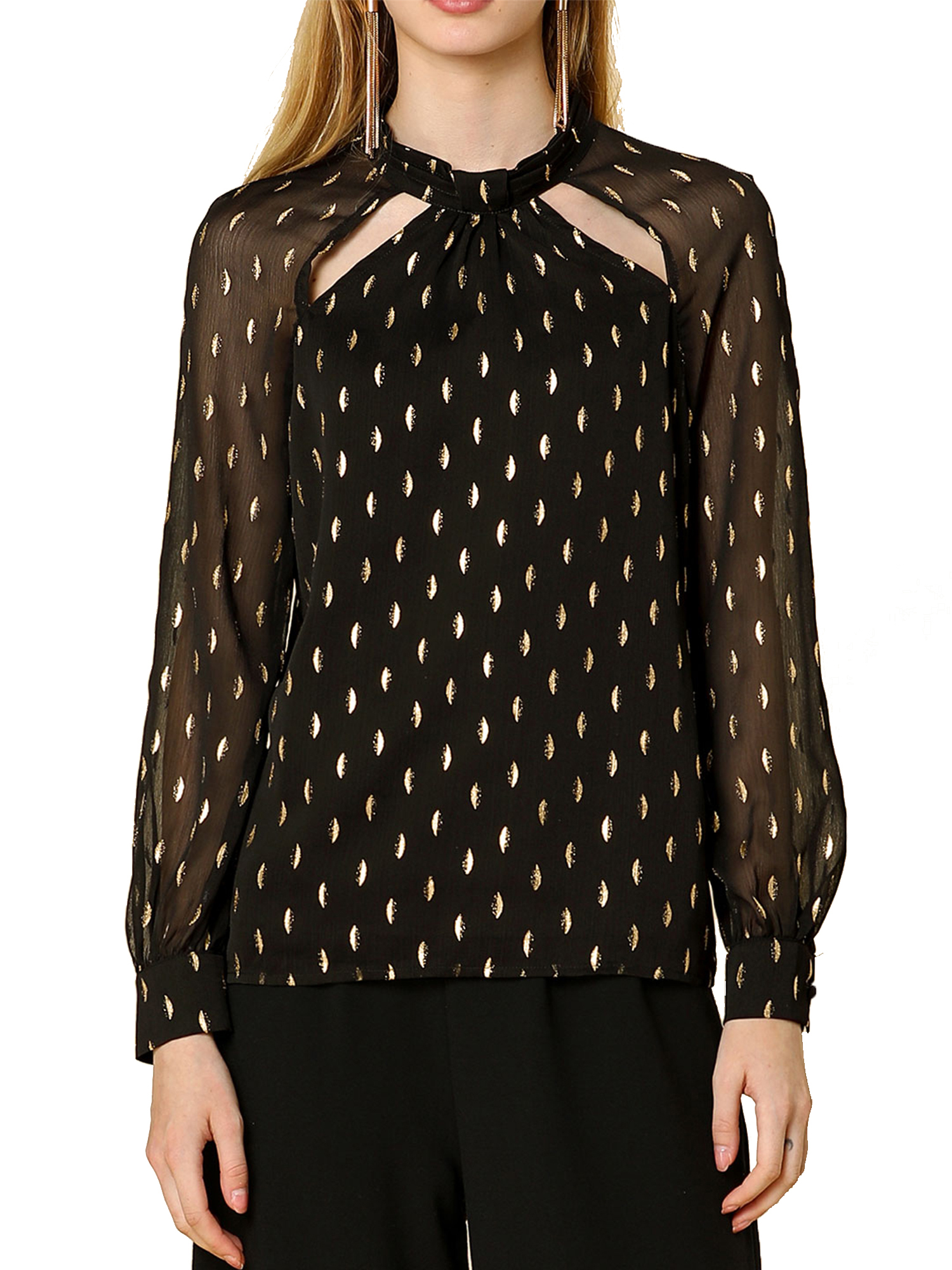 Unique Bargains Women's Cut Out Stand Collar Metallic Dots Blouses Chiffon Shirt Top - image 5 of 7