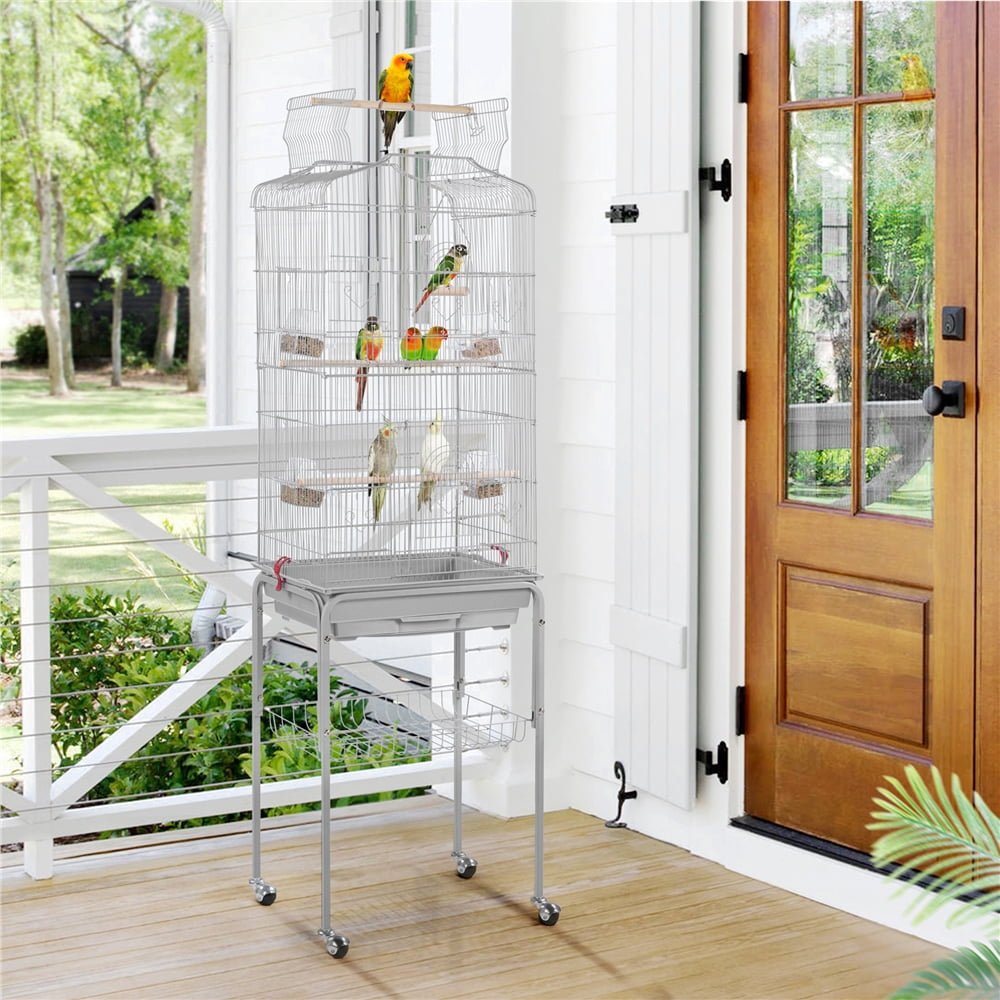 Alden Design 64" Large Rolling Metal Bird Cage with Open Top, Light Gray