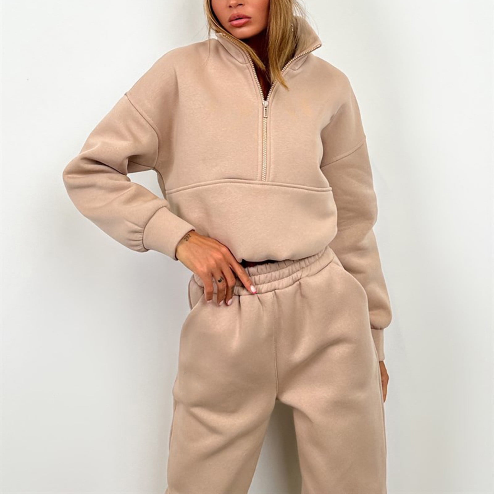 Wide Leg Beige Sweatsuit Set Wide Leg Beige Women's Sweat Suit