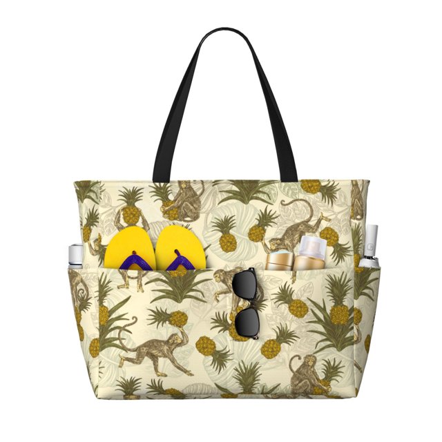 Kdxio Monkeys and Pinealpples Pattern Large Capacity Beach Travel Bag with Zipper Multiple Pockets Foldable Waterproof Tote for Pool Gym Camping Travel