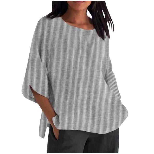VSSSJ Blouse d'Été pour Femmes à Rayures Col Rond Coupe Décontractée Manches 3/4 Coton Confortable T-Shirt Décontracté Gris TG