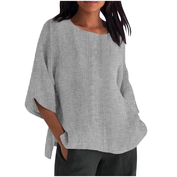 Vestidos Casuales Para Mujer, Blusas De Mujer De Moda Camiseta de verano de lino y algodón con cuello redondo y rayas para mujer