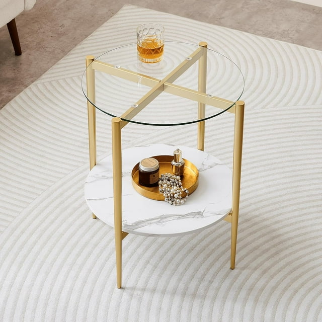 Rectangle Coffee Table Mid-Century Modern Design L W x H for Living Room - Structure Amber Glass Top and Walnut MDF Shelf Sleek Conical Metal Legs with Gold Finish