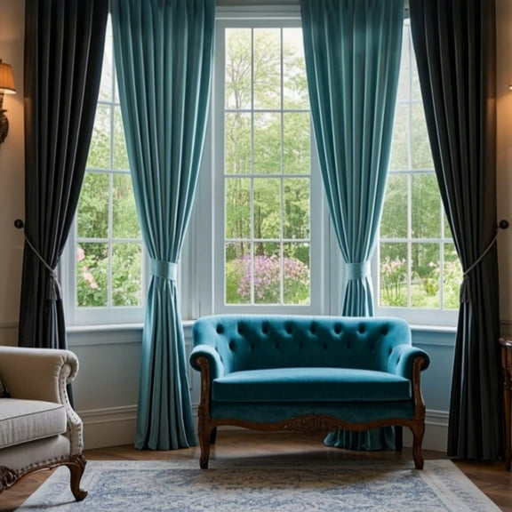 SMILETIME Black & Sky Blue Back Tab Curtains, 4 Panels Set Rod Pocket & Pinch Pleat Design Light-Filtering & Thermal Insulation Ideal for Living Room, Bedroom & Office Windows