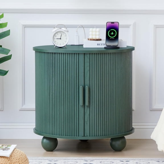 AVZEAR 24" Large Round End Table with Charging Station, Farmhouse Fluted Sofa Side Table with Sliding Tambour Door & Storage, Mid-Century Wood Nightstand for Living Room, Bedroom, Green