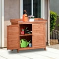 thumbnail image 2 of Outdoor 39" Potting Bench Table, Solid Wood Garden Workstation with 2-Tier Storage Shelves and Side Hooks, Rust-Proof Galvanized Top for Gardening Tools, Perfect for Patio, Backyard(Orange), 2 of 7